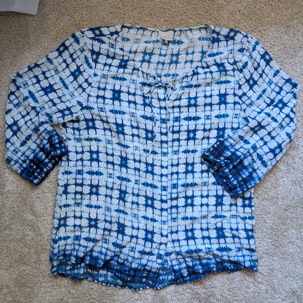 Ecru Blouse Blue & White Ombré Batik Print Washed Silk Button-Up - Large